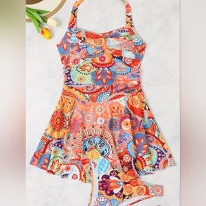 New 2 pc Halter Tankini Swim Dress Set Womens Large 12 14